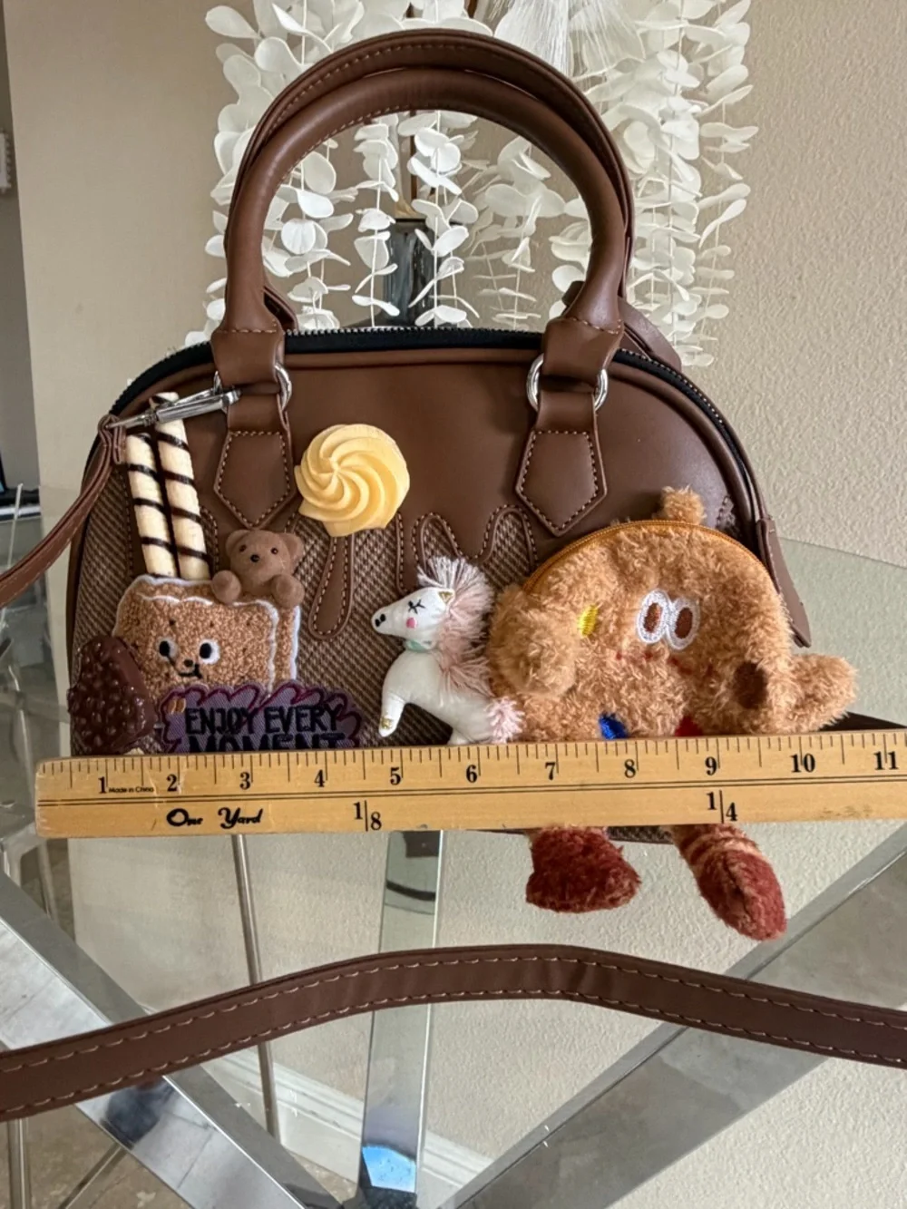 Brown Faux-Leather Handbag with Decorative Charms